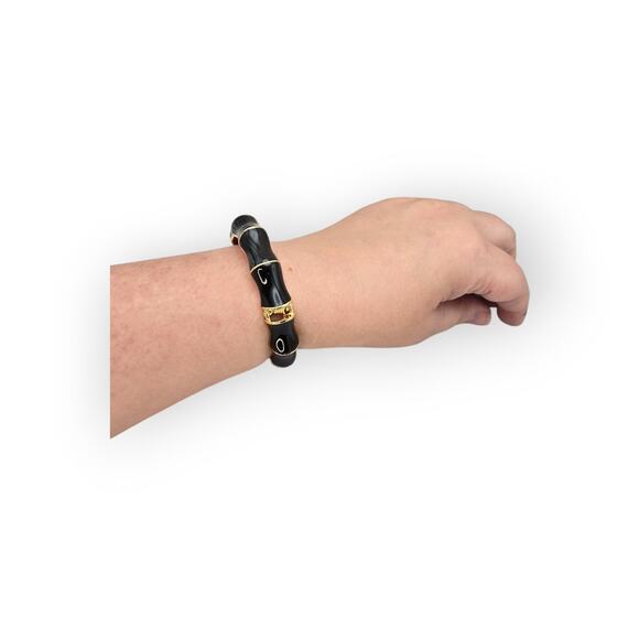 Black and Gold Bangle – Elegant Enamel Bamboo Hinge Bracelet - Picture 5 of 9